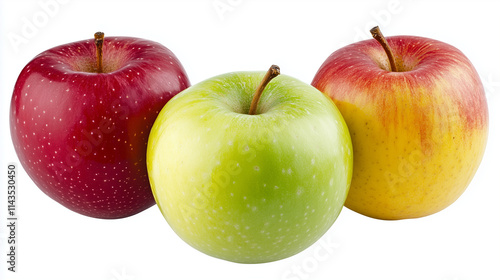 three apples, one red, one green, one yellow, isolated on white background, clipping path, full depth of field photo