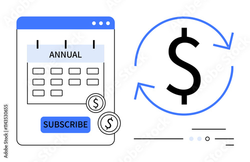 Calendar labeled Annual and Subscribe button beside a cyclic arrow with dollar sign. Ideal for financial planning, subscription services, e-commerce, budgeting, SaaS, fintech, customer management