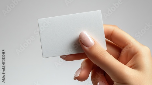 A hand holding a blank business card against a soft gradient background. photo