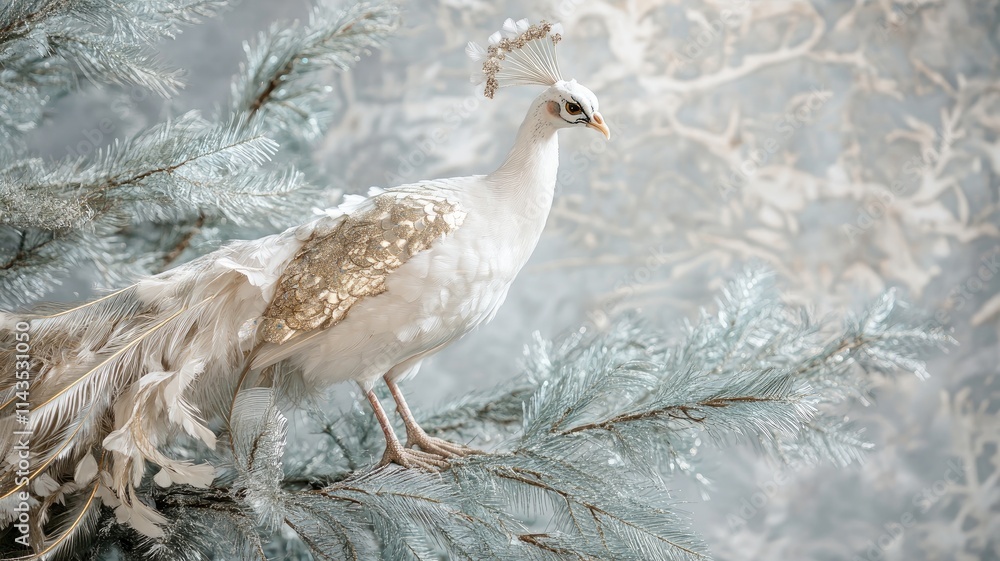 Obraz premium White peacock perched on frosty tree branches with golden feathers
