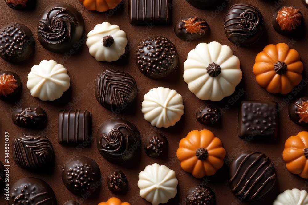 Horizontal view of rich chocolates and decorative pumpkin delights. Horizontal view of rich chocolates and decorative pumpkin delights.