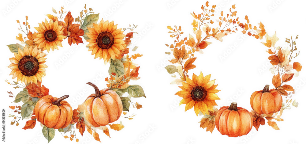 two watercolor wreaths with sunflowers. pumpkins. and autumn leaves. perfect for fall decor. invitations. and greeting cards two watercolor wreaths with sunflowers. pumpkins. and autumn leaves. perfect for fall decor. invitations. and greeting cards