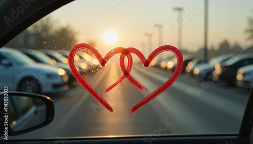 Wallpaper Mural Red Heart Drawings on Misty Car Window at Sunset in Parking Lot Torontodigital.ca