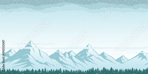 Winter mountain landscape, seamless border, forest and sunset sky, blizzard and snowfall, vector illustration
