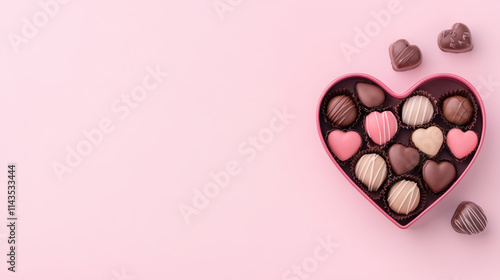 Delightful heart shaped chocolate box filled with assorted chocolates on pink photo