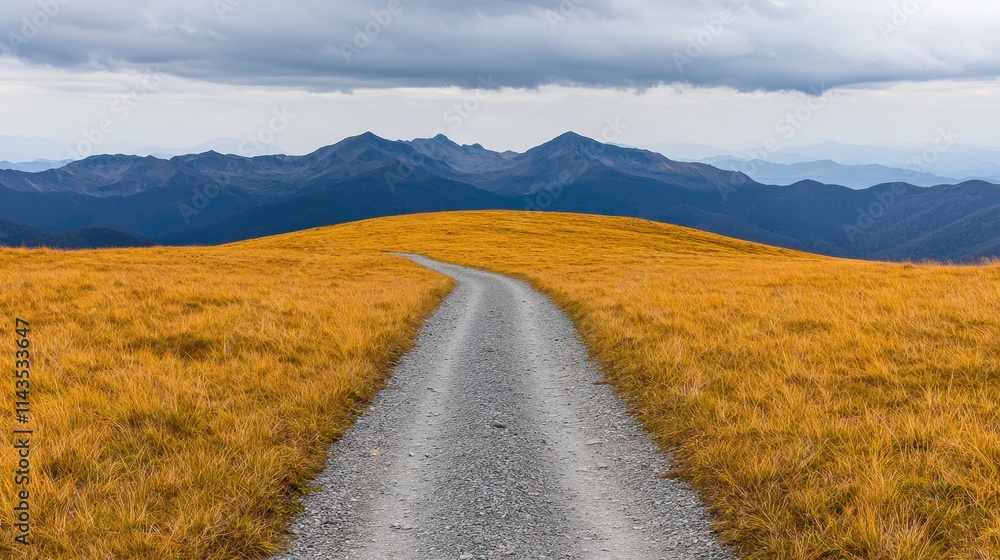 Fototapeta premium Serene Gravel Path Through Golden Grassy Landscape with Mountains