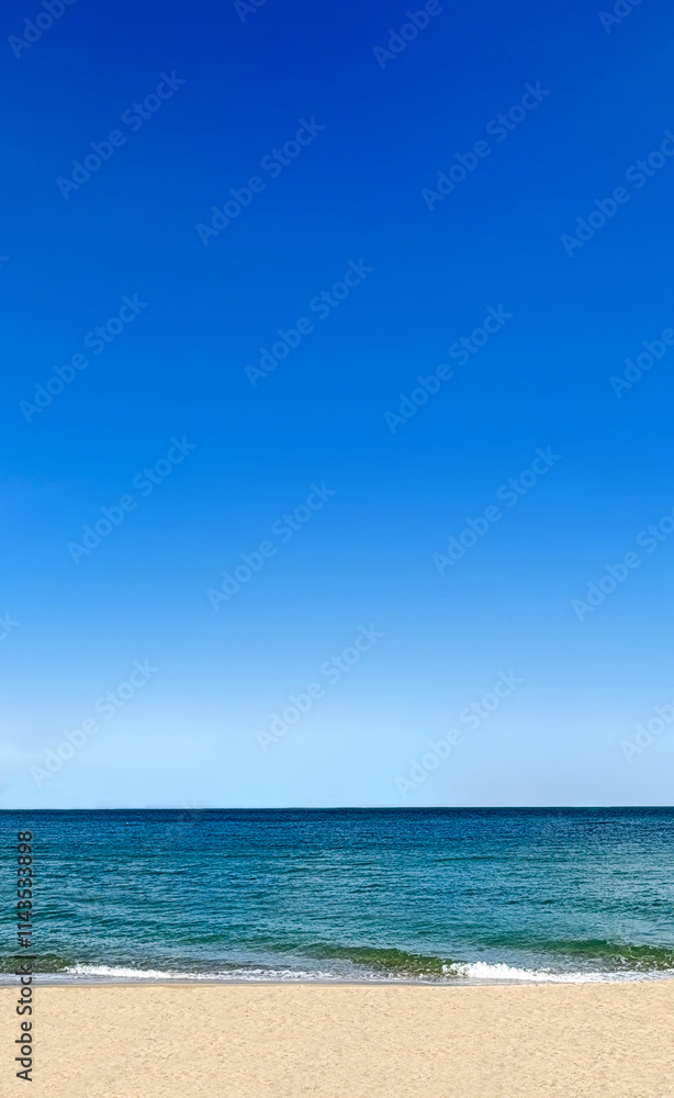 雲一つない南国の透き通った青い空と海と砂浜 縦型写真 雲一つない南国の透き通った青い空と海と砂浜 縦型写真