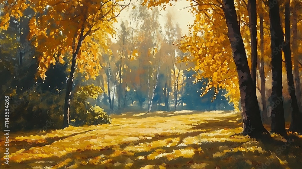 Obraz premium Glowing autumnal trees landscape painting realistic art. AI Generated