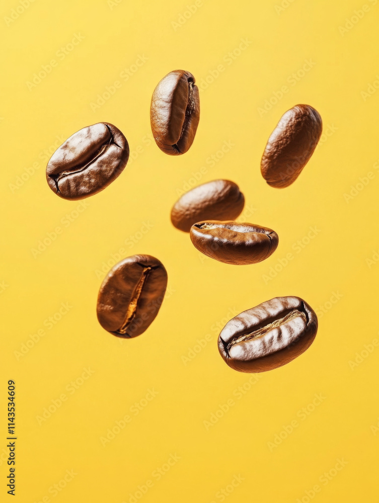 coffee beans falling in the air isolated on a white background. coffee beans flying on yellow background isolated coffee beans falling in the air isolated on a white background. coffee beans flying on yellow background isolated