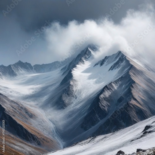 Contrasts of mountains, majestic snow-capped mountain peaks under dramatic skies