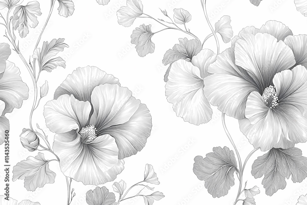 Elegant Black and White Floral Pattern with Hibiscus and Leaves Elegant Black and White Floral Pattern with Hibiscus and Leaves