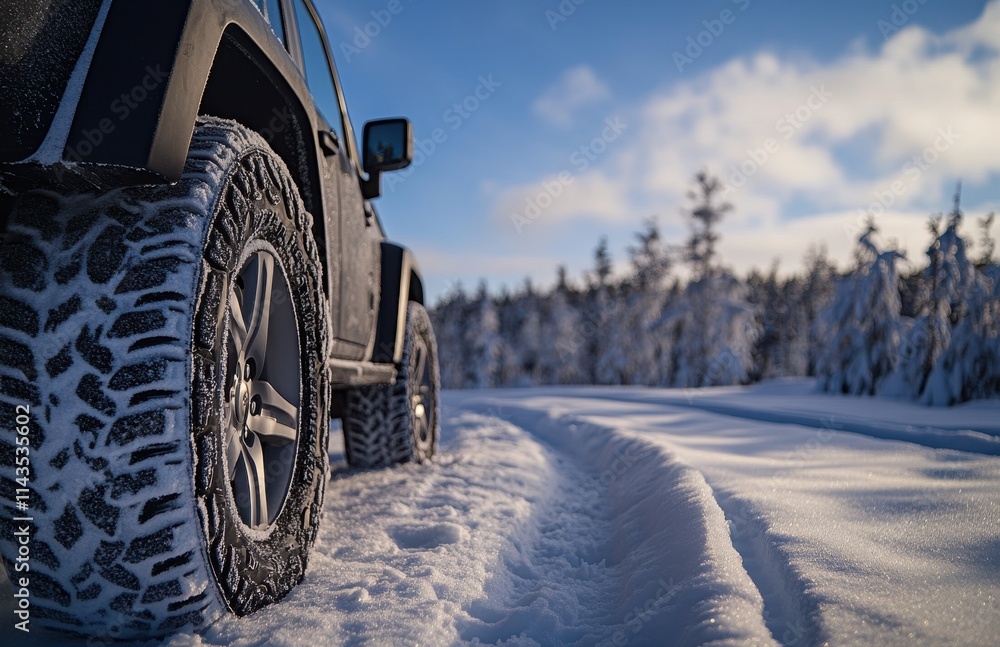 Off-Road Vehicle Navigating Snowy Landscape with Clear Blue Sky and Snow-Laden Trees in the Background During Bright Winter Daytime Adventure Off-Road Vehicle Navigating Snowy Landscape with Clear Blue Sky and Snow-Laden Trees in the Background During Bright Winter Daytime Adventure
