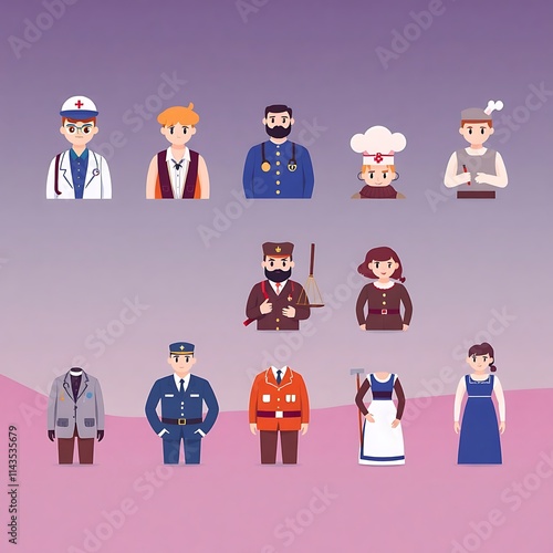 career representation,Job symbols, character art styles, diverse job illustrations, flat design occupations, cartoon job characters, professional character design, 