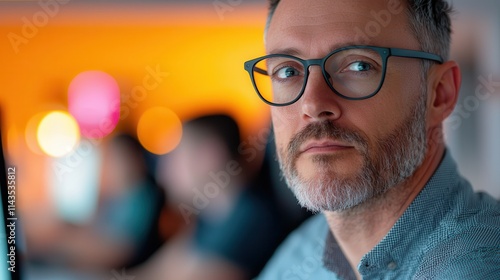 E-sports build a gaming community. Focused man with glasses in a tech workspace environment.