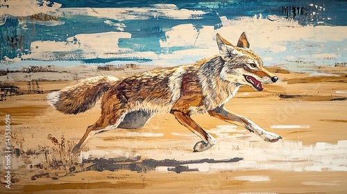 A coyote running across a desert landscape, depicted in a vibrant painting. photo