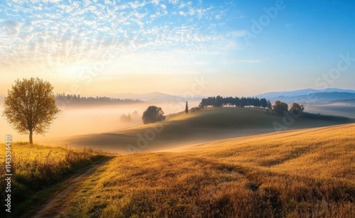 Beautiful countryside panorama early foggy morning in italian tuscany. Autumn rural landscape