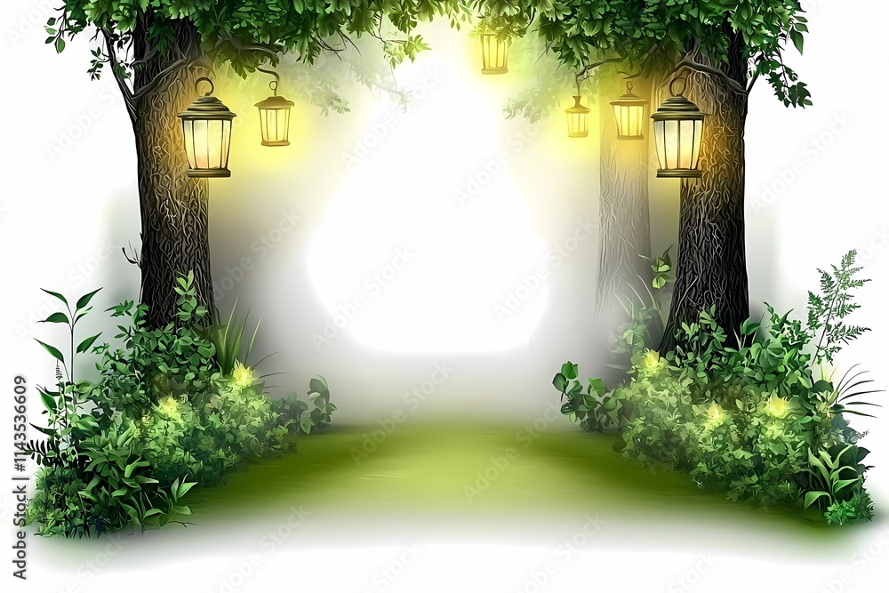 Obraz premium Enchanted Pathway with Lanterns and Lush Greenery at Dusk