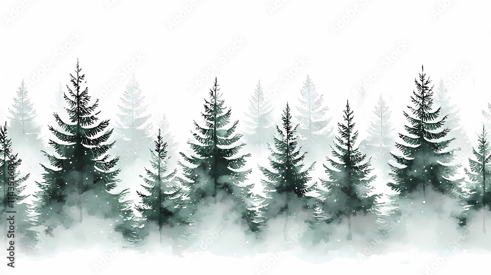 Obraz premium Serene Watercolor Landscape of Evergreen Trees in Misty Forest