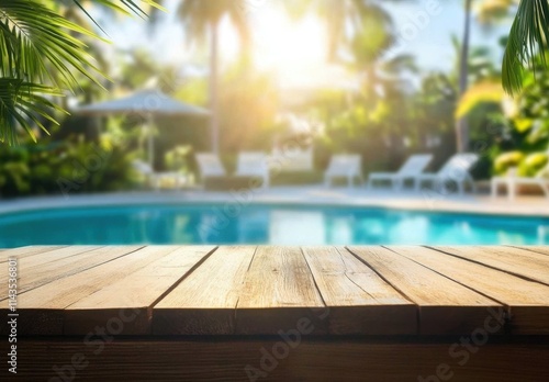 Art Empty wooden table on sunny blurred tropical pool  background. Outdoor party mockup for design and product display. photo