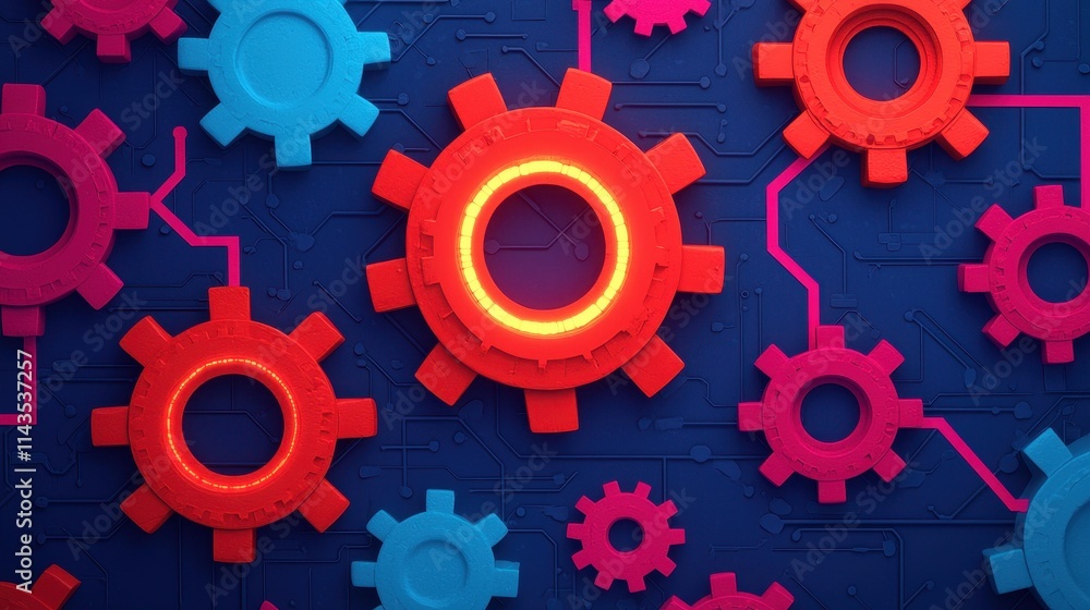 Vibrant Abstract Gears with Circuit Patterns on Deep Blue Background Vibrant Abstract Gears with Circuit Patterns on Deep Blue Background