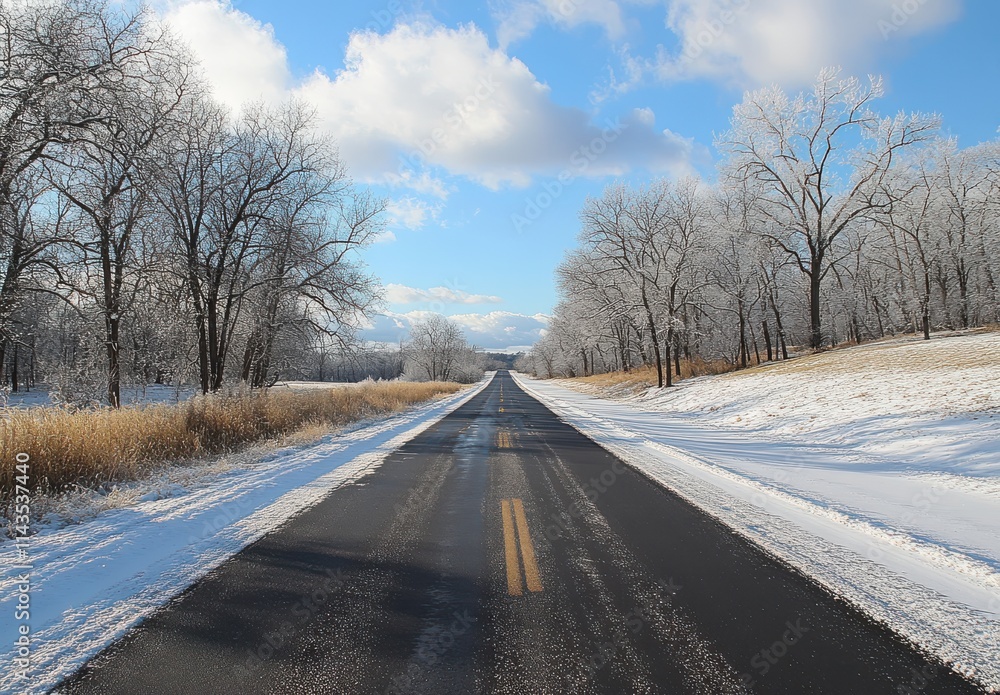 Scenic Winter Road Surrounded by Frosted Trees and Snowy Landscape Under a Bright Blue Sky with Fluffy Clouds on a Clear Day Scenic Winter Road Surrounded by Frosted Trees and Snowy Landscape Under a Bright Blue Sky with Fluffy Clouds on a Clear Day