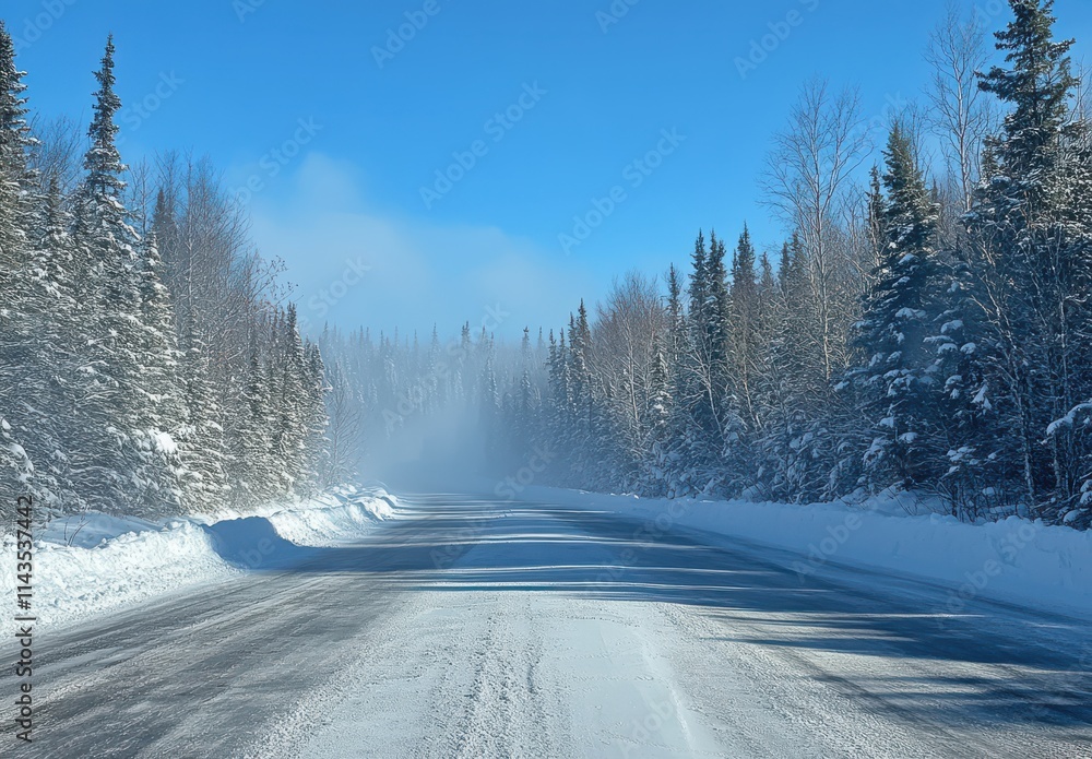 Scenic Winter Road with Fresh Snow Under Bright Blue Sky Surrounded by Frosty Trees Creating a Calm and Peaceful Atmosphere for Travel and Adventure Scenic Winter Road with Fresh Snow Under Bright Blue Sky Surrounded by Frosty Trees Creating a Calm and Peaceful Atmosphere for Travel and Adventure