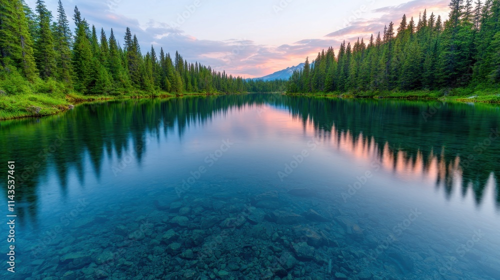 Serene Lake Surrounded by Green Pine Trees at Sunset Reflection