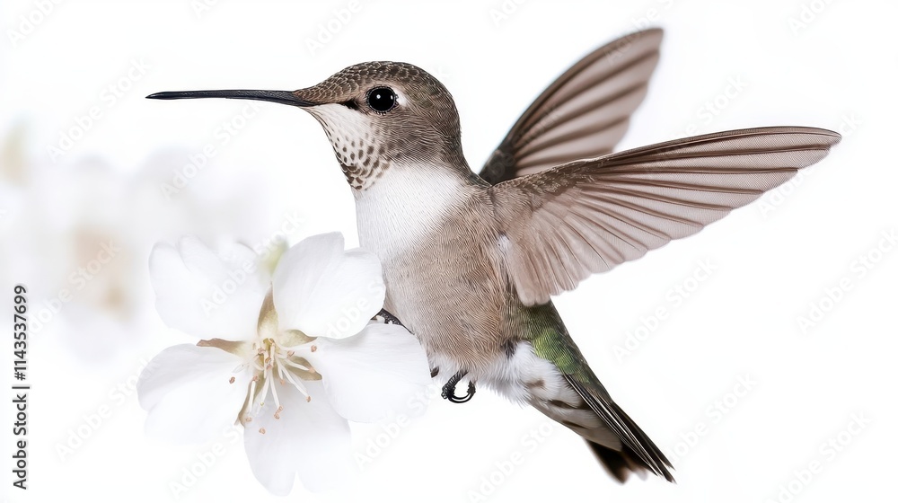 Fototapeta premium A delicate hummingbird hovers near a white flower, showcasing its iridescent feathers and swift wings in a serene, natural setting.