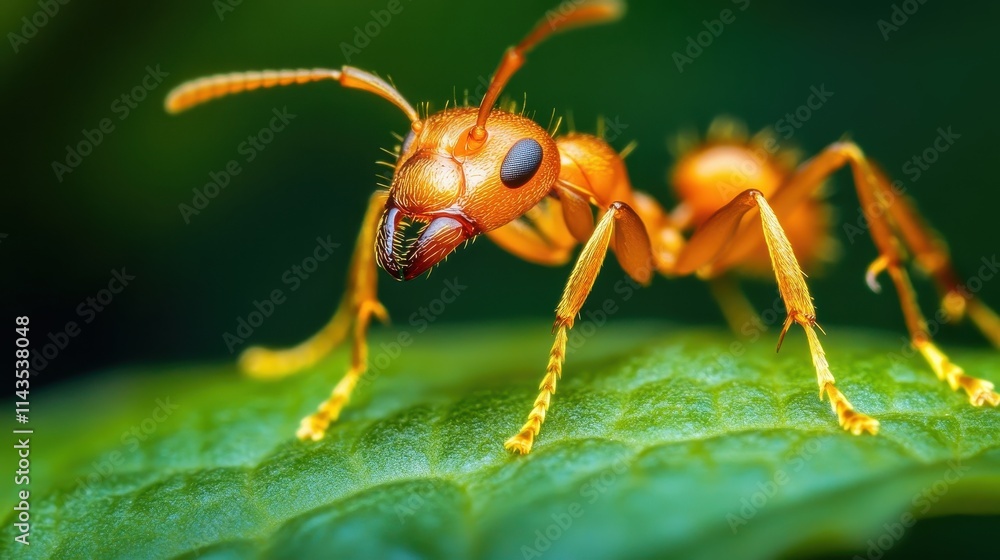 Close-up of a vibrant orange ant on a leaf. Perfect for illustrating nature, insects, or macro photography concepts. Close-up of a vibrant orange ant on a leaf. Perfect for illustrating nature, insects, or macro photography concepts.
