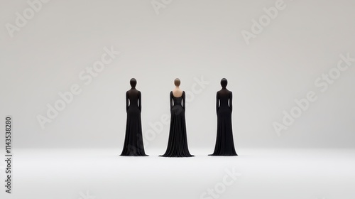 Three figures in elegant black dresses stand against a minimalist backdrop, emphasizing style and sophistication.