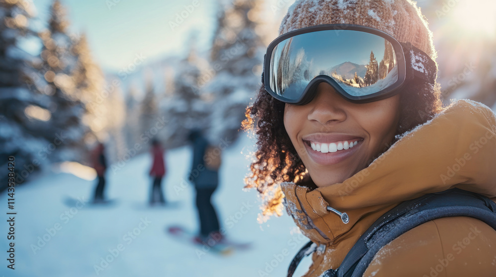 Afro woman snowboarding with helmet and goggles at slope snow mountain Afro woman snowboarding with helmet and goggles at slope snow mountain