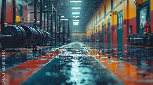 Rainy Day Gym Weightlifting Equipment In A Row photo