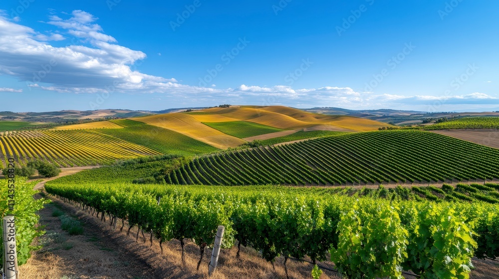 Lush green vineyards stretch across rolling hills under a bright blue sky, showcasing vibrant colors and a serene landscape. Lush green vineyards stretch across rolling hills under a bright blue sky, showcasing vibrant colors and a serene landscape.