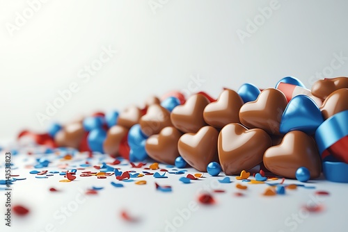 A playful display of Valentine's Day chocolates shaped like hearts, surrounded by colorful confetti and red ribbons on a smooth white background.  photo