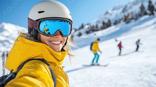 Australian woman snowboarding with helmet and goggles at slope snow mountain