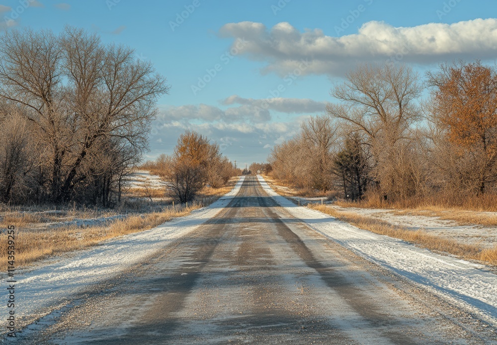 Serene Winter Landscape Featuring a Snow-Covered Road and Leafless Trees Under Bright Blue Sky in a Rural Setting
