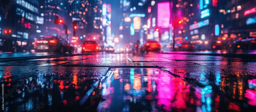 Wet asphalt reflects neon city lights on a rainy night. Wet asphalt reflects neon city lights on a rainy night.
