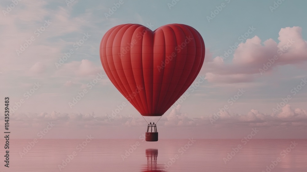 Fototapeta premium A heart-shaped hot air balloon floats above a serene body of water, reflecting a soft pastel sky, evoking feelings of love and adventure.