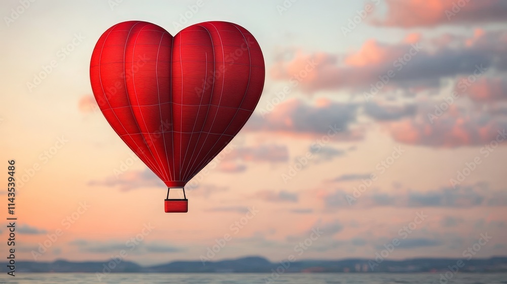 Obraz premium A vibrant red hot air balloon shaped like a heart floats serenely above a tranquil landscape at sunset, symbolizing love and adventure.