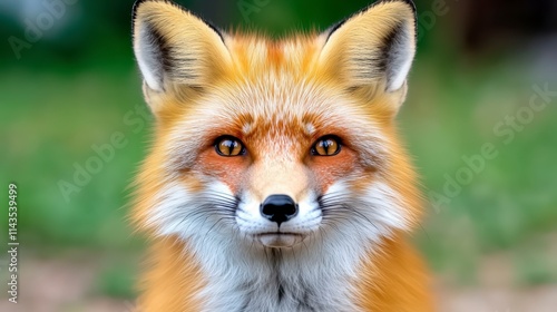 A close-up of a red fox with bright orange fur and striking eyes, set against a soft green background.