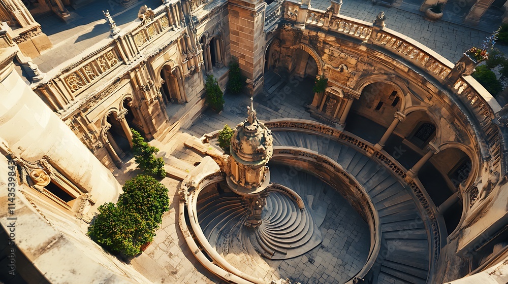Obraz premium Sweeping spiral staircase photo, detailed stone architecture, wide shot. AI Generated