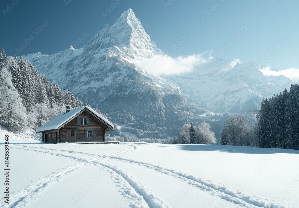Serene Winter Landscape with a Wooden Cabin Nestled in Snow-Covered Terrain Surrounded by Majestic Mountains and Clear Blue Sky Serene Winter Landscape with a Wooden Cabin Nestled in Snow-Covered Terrain Surrounded by Majestic Mountains and Clear Blue Sky