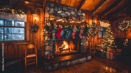 45. A festive cabin room with a warm fireplace, rustic garlands on the mantel, and twinkling holiday lights