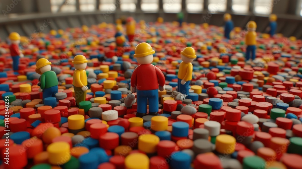 Obraz premium The image shows colorful toy figures in hard hats standing on a vibrant array of small, cylindrical objects, resembling a construction or playful environment.