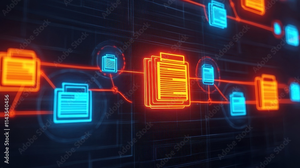 Digital Data Flow with Colorful File Icons on Black Background Digital Data Flow with Colorful File Icons on Black Background