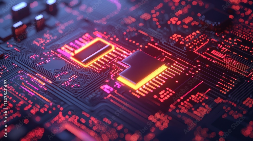 Vibrant Electronic Circuit Board with Neon Light Effects Vibrant Electronic Circuit Board with Neon Light Effects