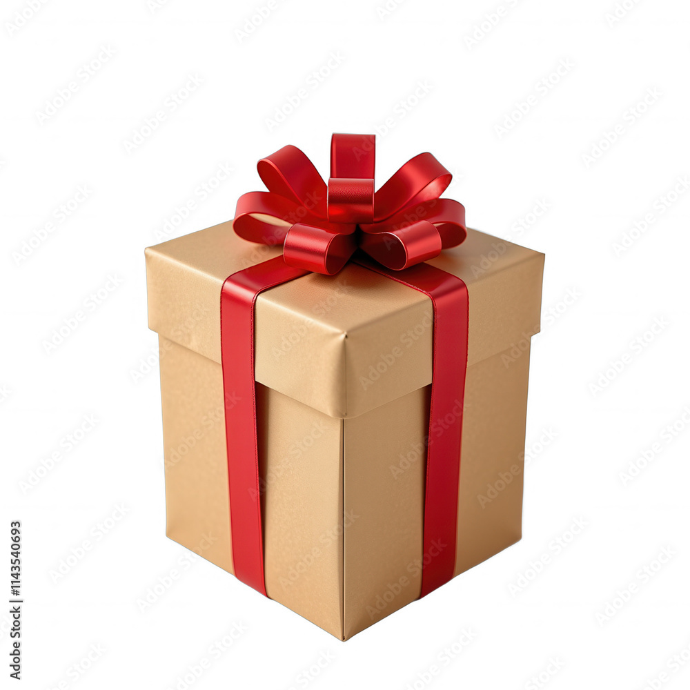 Obraz premium A luxurious golden gift box on transparent background, adorned with a vibrant red bow and matching satin ribbon, set against a neutral background allowing its elegance to shine through