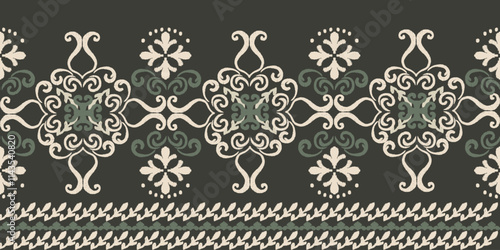 Green, cream, and black ikat tribal-style fabric pattern. Ethnic Ikat vector illustration seamless pattern. Ikat edge decoration for carpet, clothing, batik, saree, sarong, and motif.