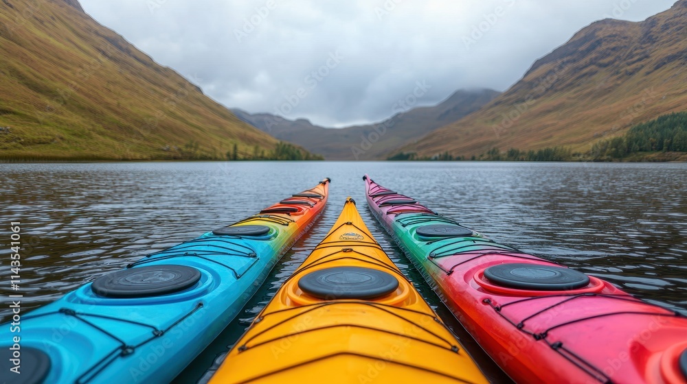Vibrant Kayaks Resting on Calm Lake Surrounded by Majestic Mountains Vibrant Kayaks Resting on Calm Lake Surrounded by Majestic Mountains