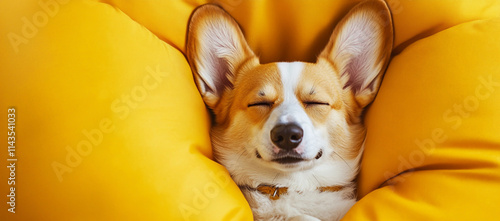 Corgi dog sleeping on a yellow background on a solid color background, eyes closed and head between ears.